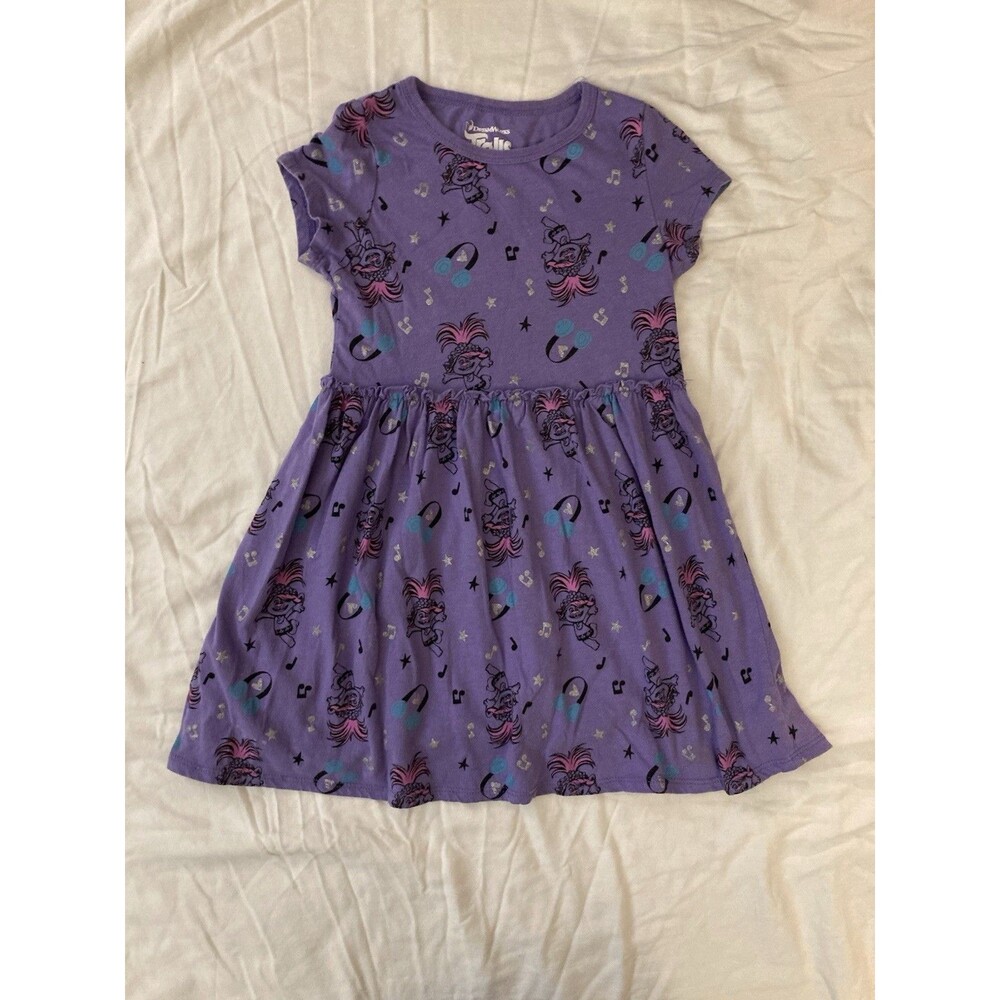 5T DreamWorks girl clothes - 1 piece dress | solid purple Trolls theme